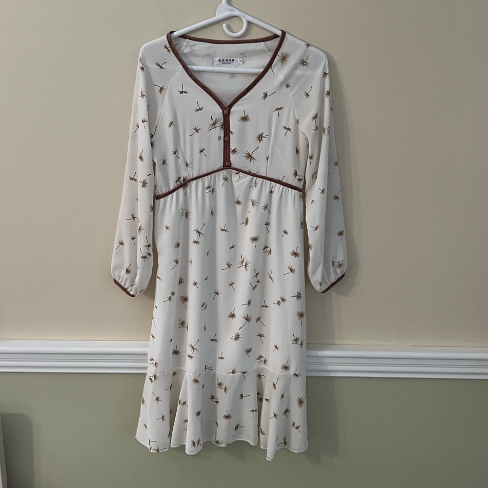 DESIGN IN KOREA Elegant Cream Dress with Brown Accents M NWOT - Picture 5 of 11